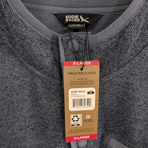 NWT Eddie Bauer Men’s XL Classic Sweater Fleece 1/4 Button Blue Heathered New - Picture 2 of 5